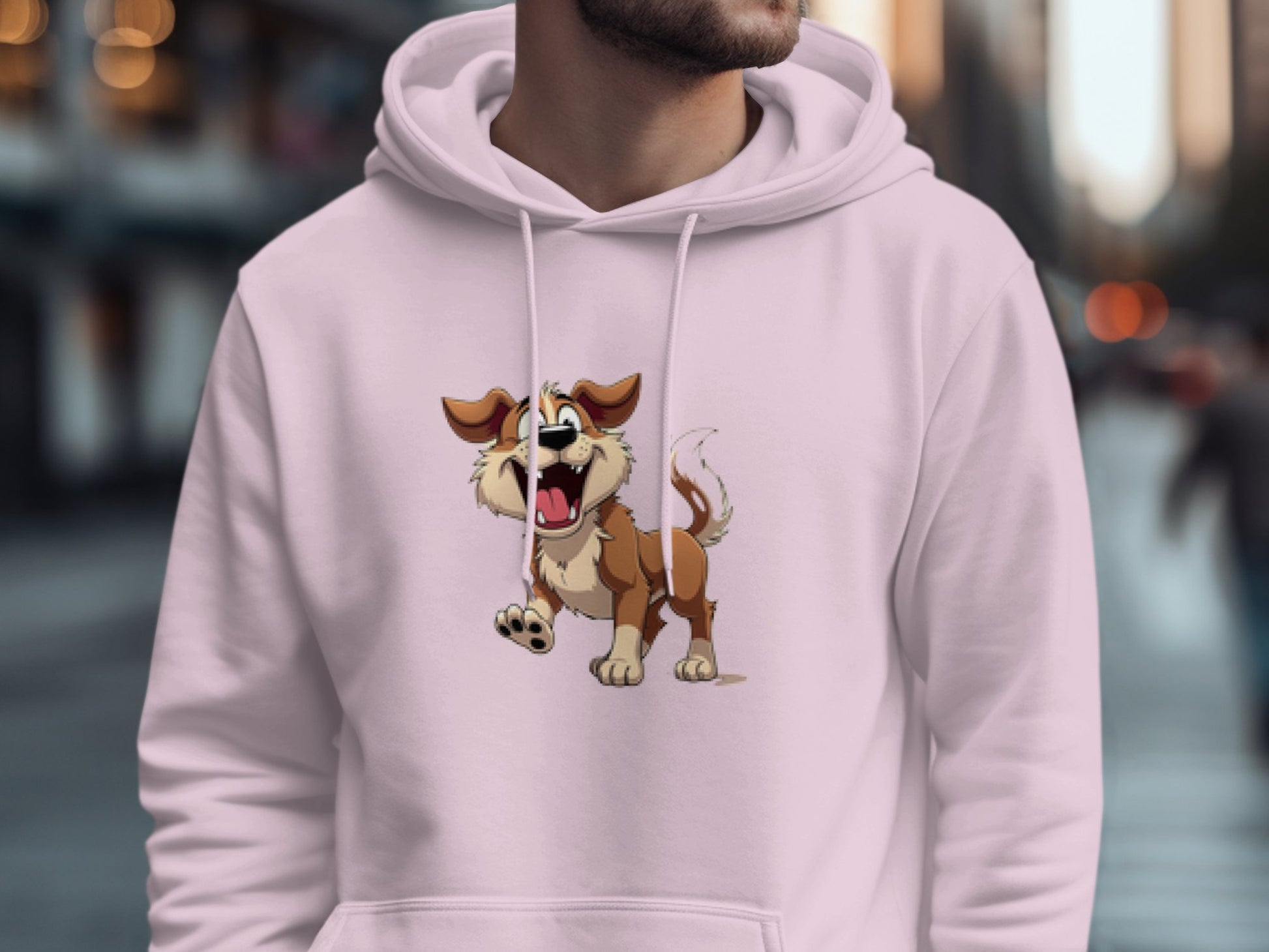 Someone in a white Garment Graphics hoodie featuring a playful cartoon dog stands out against a blurred street scene, making it ideal for dog lovers.