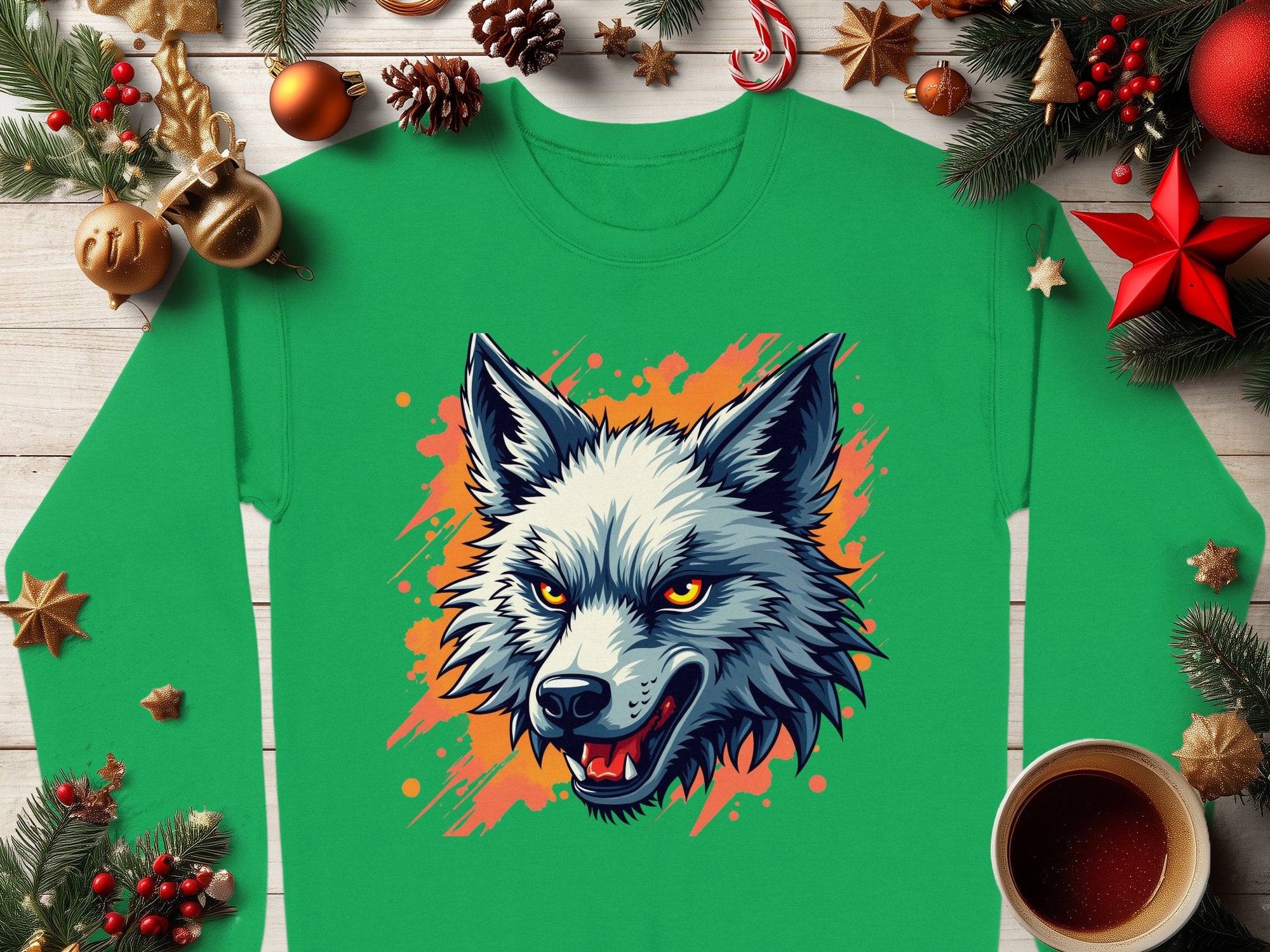 Amidst Christmas decorations, a Garment Graphics green wolf face sweatshirt with an intense wolf expression graphic lies on a wooden surface, surrounded by ornaments, pine branches, star cookies, and a steaming cup of coffee, adding unique flair to the festive ambiance.