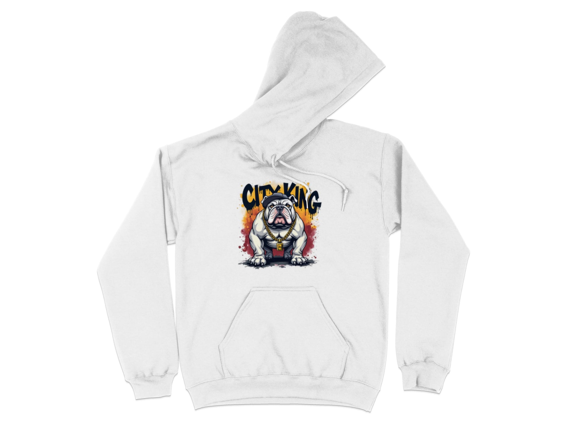 Garment Graphics White City King hoodie showcases a cartoon bulldog with a crown and chain on an orange-red splatter background, exuding urban style. Displayed flat, its hood is slightly turned.