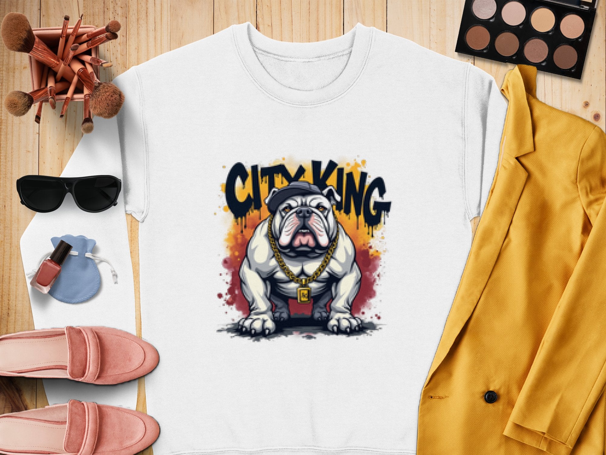 A Garment Graphics white Bulldog Sweatshirt features a bulldog with a gold chain and City King. Its surrounded by sunglasses, makeup brushes, a yellow blazer, pink shoes, a blue pouch, lipstick, foundation, and an eyeshadow palette on a wooden surface.