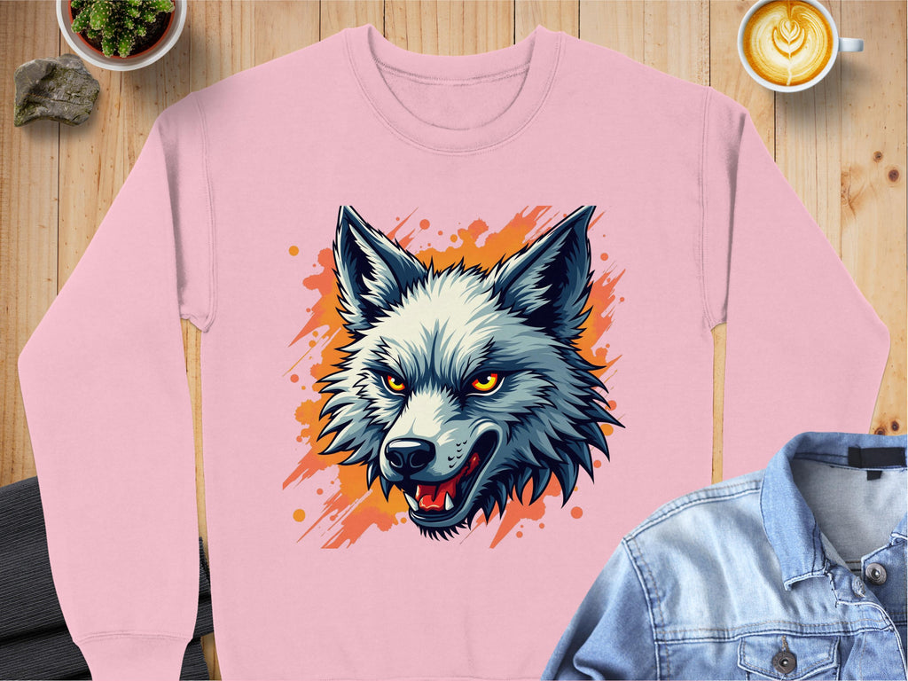 A pink Garment Graphics graffiti style sweatshirt showcases a stylized wolfs head with intense fiery orange eyes and a bold orange background. It rests on a wooden surface beside a denim jacket and latte.