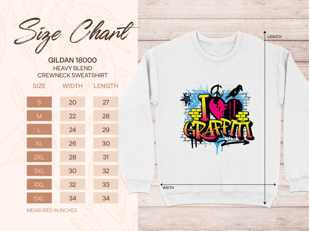 Garment Graphics size chart for the 18000 heavy blend crewneck lists sizes S-5XL with width and length measurements. Features a vibrant I Love Graffiti design, ideal for street art enthusiasts.