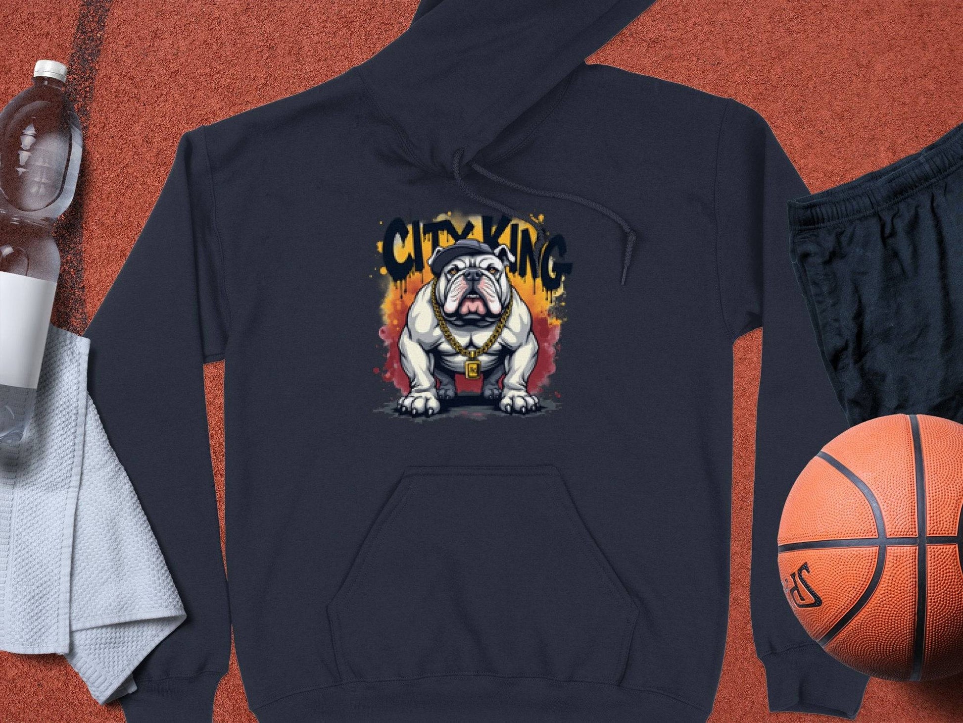 A Garment Graphics dark hoodie featuring a bold Bulldog Design and CITY KING text lies on a sports court, surrounded by casual essentials like a towel, water bottle, black shorts, and a basketball—ideal for classic fit moments.