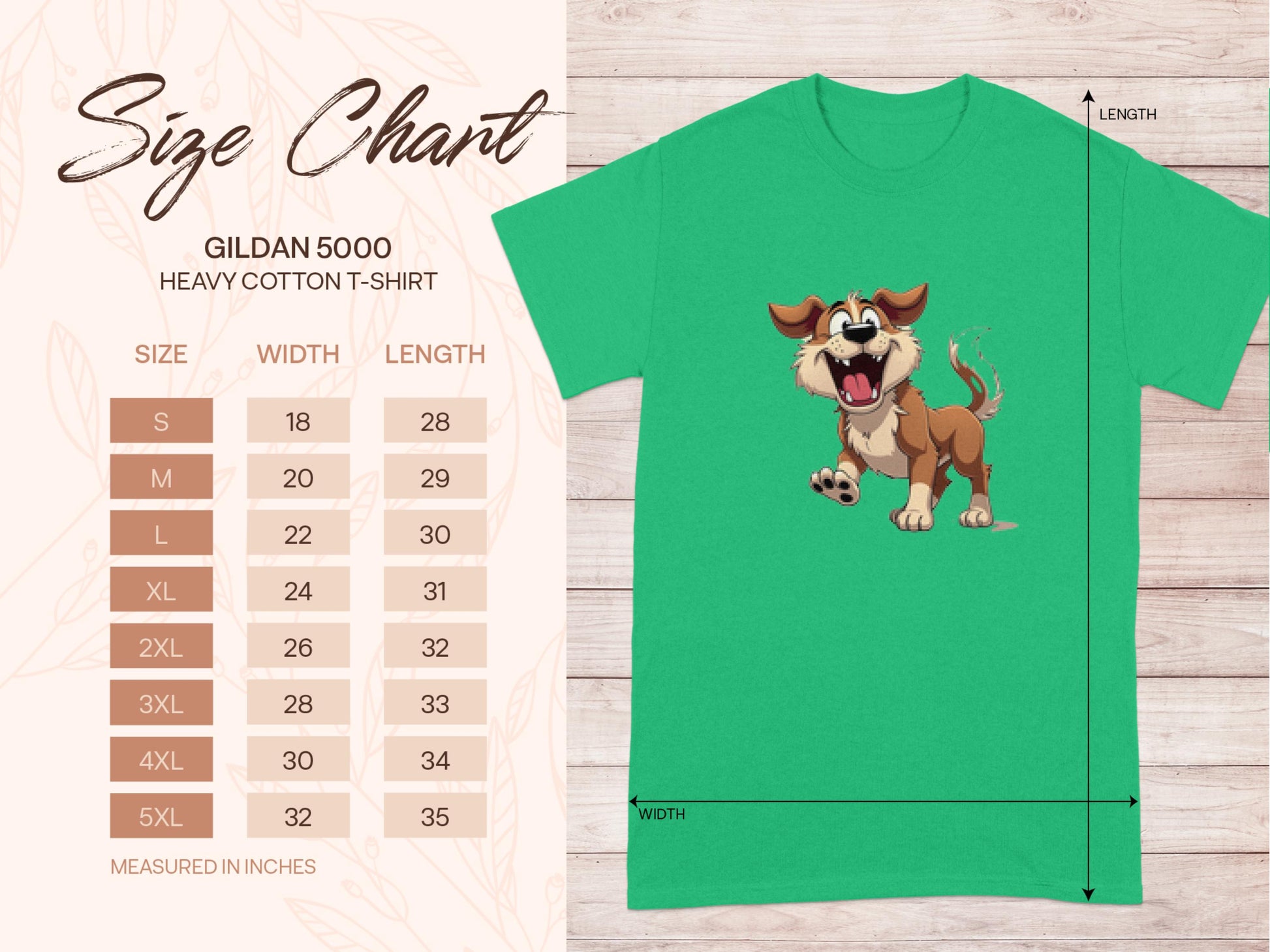 A green Garment Graphics t-shirt for dog lovers features a cartoon-style playful dog. The Size Chart Gildan 5000 Heavy Cotton T-Shirts provides measurements in inches, with sizes ranging from S to 5XL in a table.