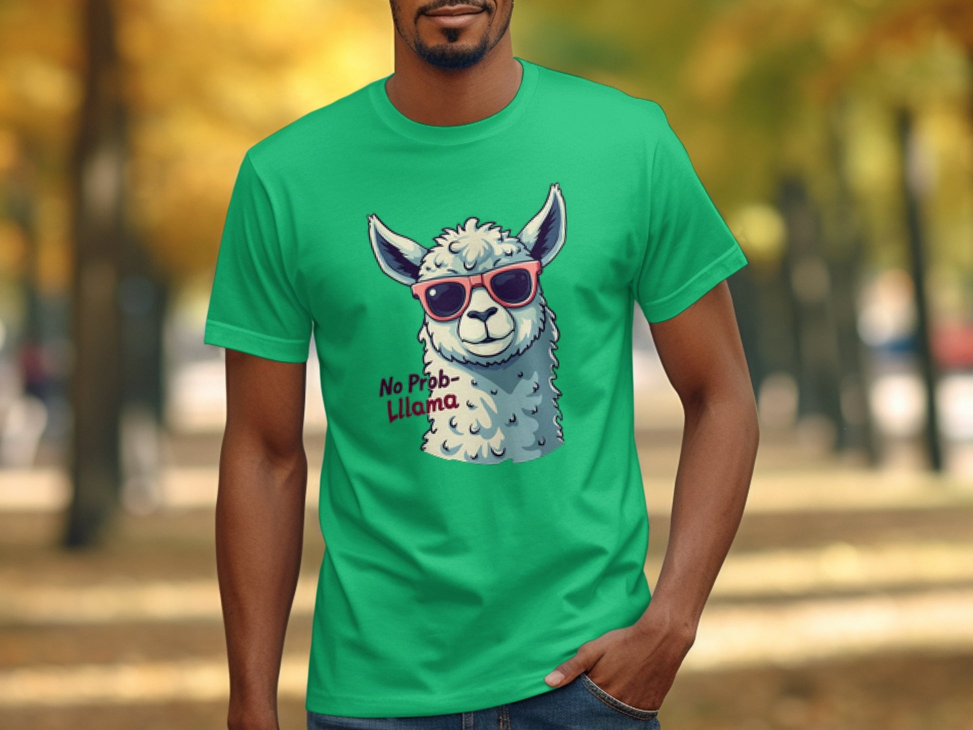 A person wears a green Garment Graphics Llama T-Shirt with a cartoon llama in sunglasses and the text No Prob-Llama, set against a tree-lined path with colorful autumn leaves, perfect for family sizing moments.