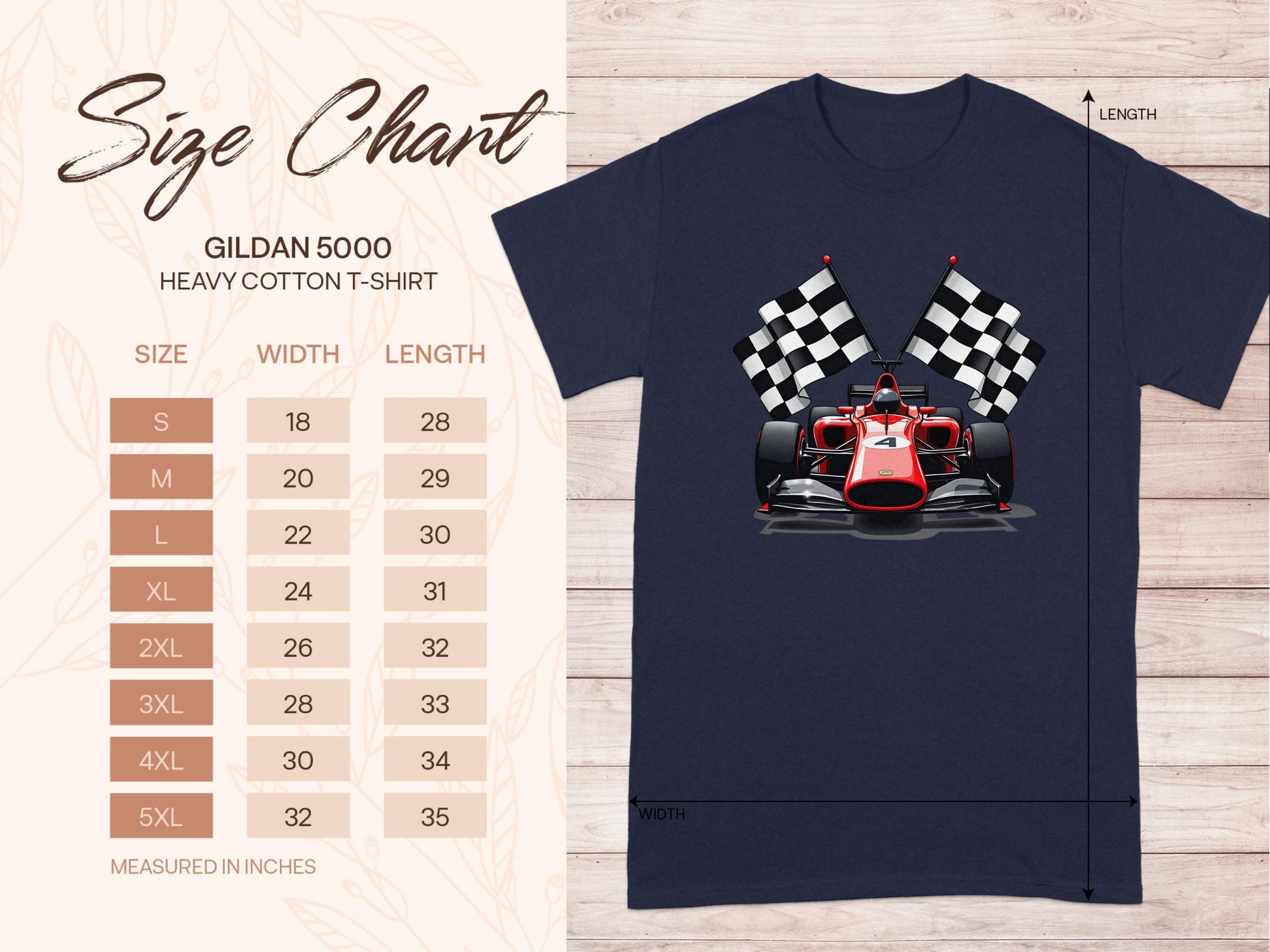 Navy blue T-shirt featuring a red race car and checkered flags, perfect for motorsport fans. On the left, a Garment Graphics size chart displays the Gildan 5000 heavy cotton sizes S to 5XL with width and length in inches.