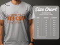 A man wears a Garment Graphics T-shirt featuring Youre My Cup of Tea in orange text on 100% soft cotton. To the right is the Gildan 5000 heavy cotton size chart, detailing width and length from sizes S to 5XL in inches.