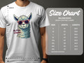 A person sports a white llama t-shirt with sunglasses, captioned No Prob-Llama. Nearby, a size chart from Garment Graphics provides family sizing options in S to 5XL, listing the width and length in inches for each heavy cotton tee.