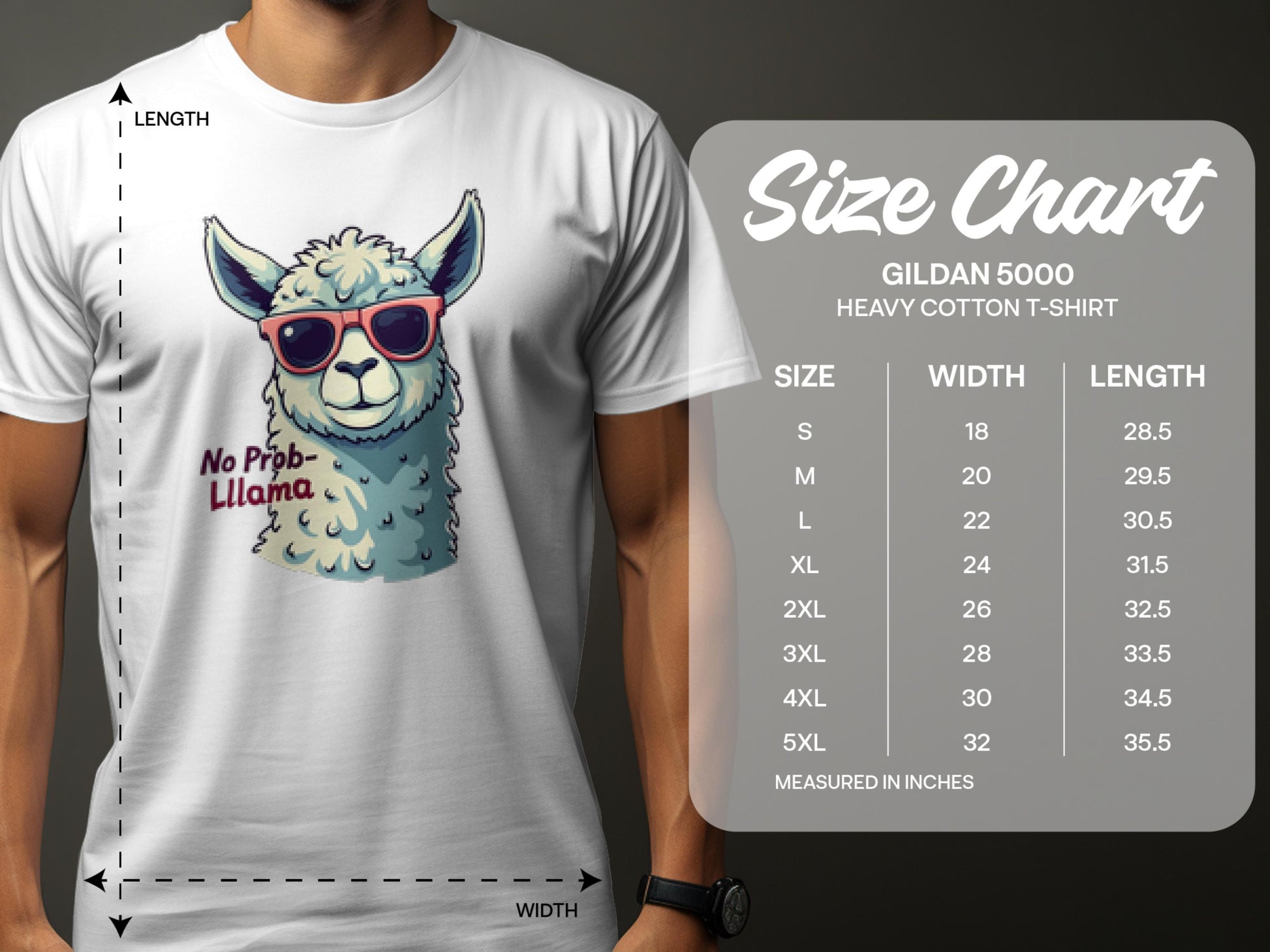 A person sports a white llama t-shirt with sunglasses, captioned No Prob-Llama. Nearby, a size chart from Garment Graphics provides family sizing options in S to 5XL, listing the width and length in inches for each heavy cotton tee.