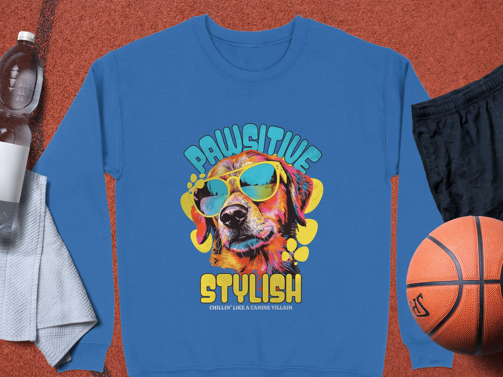 The Garment Graphics blue sweatshirt showcases a vibrant dog graphic, complete with sunglasses and the playful phrases Pawsitive Stylish and Chillin Like a Canine Villain. Ideal for dog enthusiasts, its depicted amidst a sporty scene with a water bottle, towel, shorts, and basketball on red.