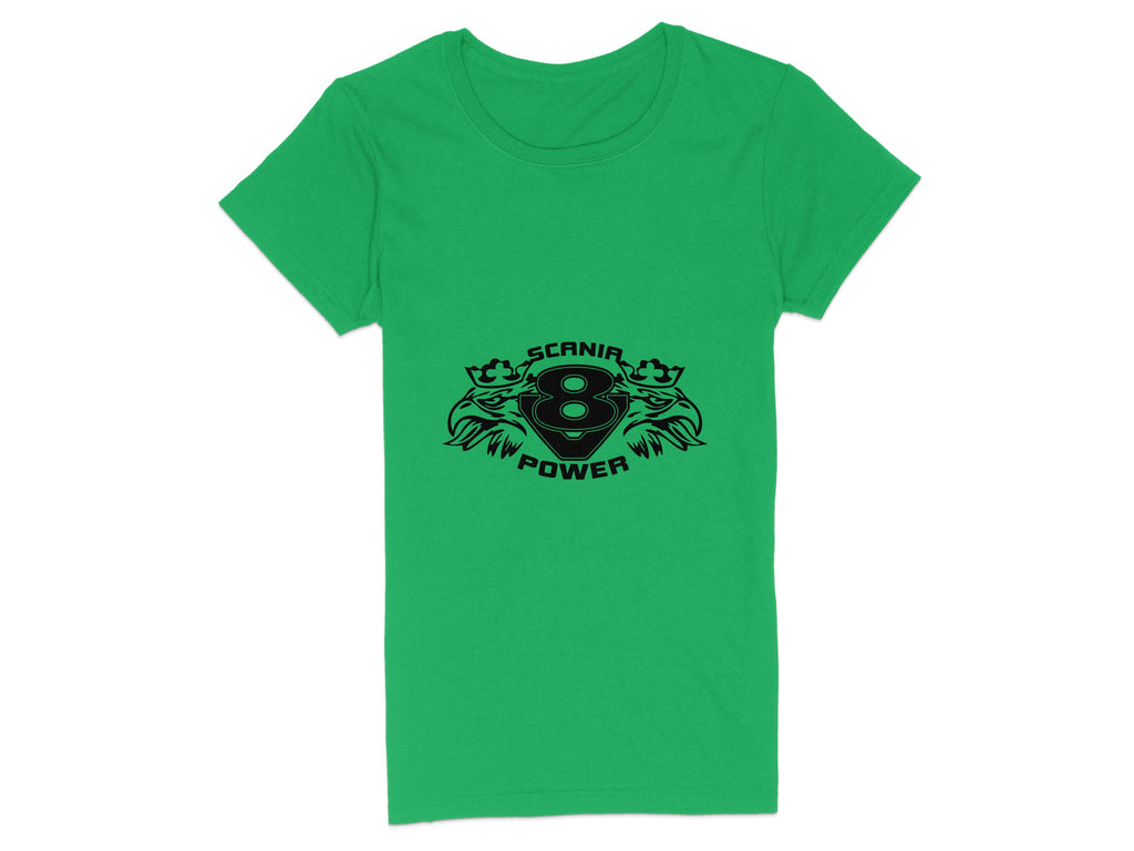 Green Scania T-shirt by Garment Graphics features a black design with stylized eagle heads flanking a central emblem with the number 8. SCANIA POWER is boldly displayed above and below the emblem.
