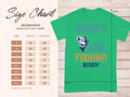 Garment Graphics green t-shirt features Daddys Fishing Buddy with a fish graphic, ideal for fishing fans. A Gildan 5000 heavy cotton Graphic Print T-Shirts size chart (S to 5XL) shows width and length in inches.