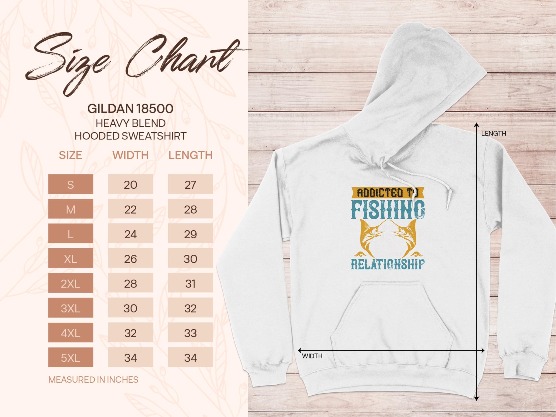 Garment Graphics hooded sweatshirt features Addicted to Fishing and a Relationship with a fish graphic. This classic fit hoodie, available in sizes S-5XL, boasts a wood texture and leaf pattern background.