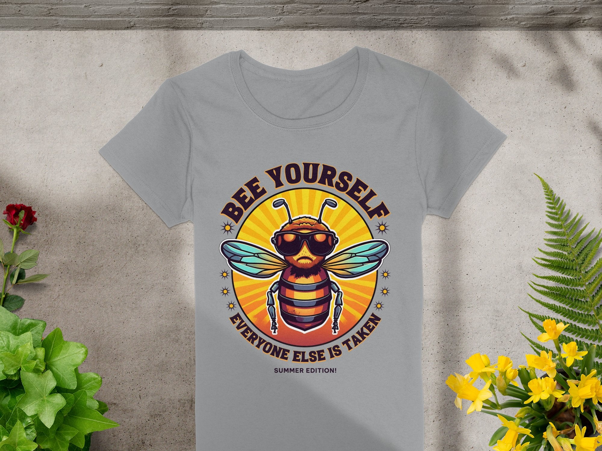 The Garment Graphics Bee Yourself T-Shirts, Summer Edition features a bee in sunglasses and the text Bee Yourself, Everyone Else Is Taken! on a gray tee laid on concrete, surrounded by red and yellow flowers for a perfect mix of summer vibes and unique style.