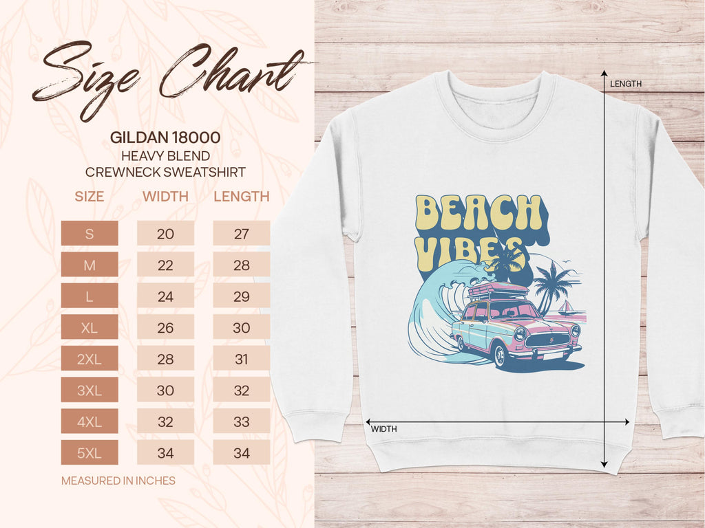 Check out the size chart for our Garment Graphics Gildan 18000 sweatshirts with a Beach Vibes design. This retro crewneck features a vintage car, surfboard, and palm trees, in unisex sizes S to 5XL, complete with width and length measurements.