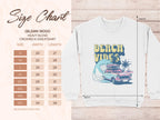 Check out the size chart for our Garment Graphics Gildan 18000 sweatshirts with a Beach Vibes design. This retro crewneck features a vintage car, surfboard, and palm trees, in unisex sizes S to 5XL, complete with width and length measurements.