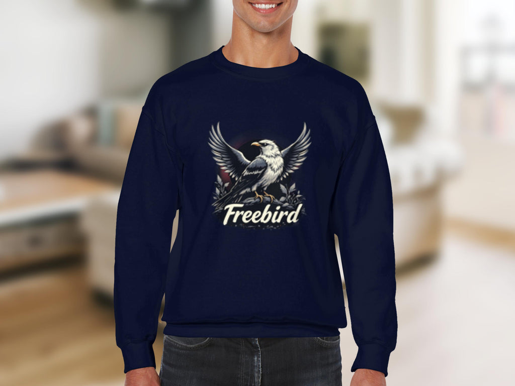 A person wears a Garment Graphics navy blue sweatshirt with an eagle and Freebird design. This unisex Freebird Graphic Sweatshirt stands out against a softly blurred indoor background, offering both style and comfort.
