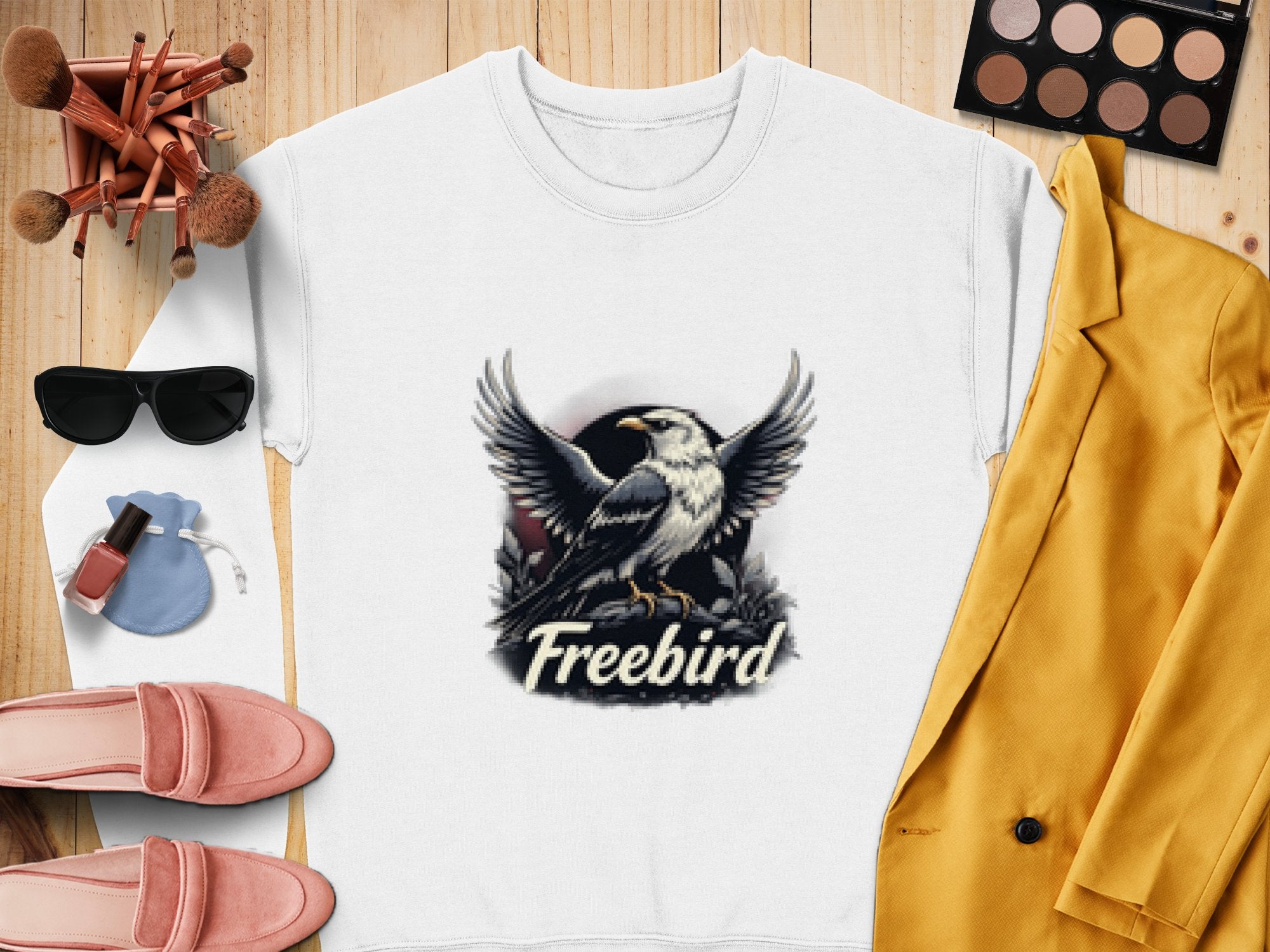 Garment Graphics white sweatshirt showcases an eagle design with Freebird emblazoned on it. Paired items include a yellow blazer, pink loafers, a sunglasses pouch with cosmetics and makeup brushes, and an eyeshadow palette—all elegantly arranged on a wooden surface.