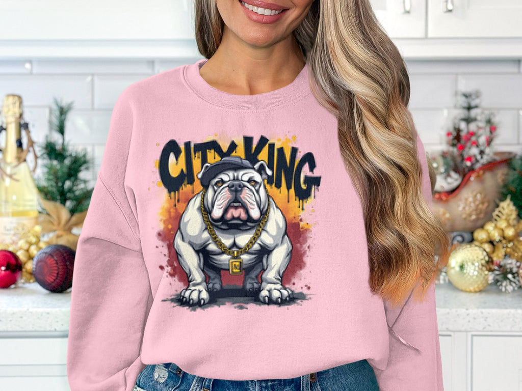 A woman in a Garment Graphics Bulldog Sweatshirt with City King stands in her kitchen. The illustrated bulldog shows off a gold chain and pendant, matching the lively holiday decorations around her.