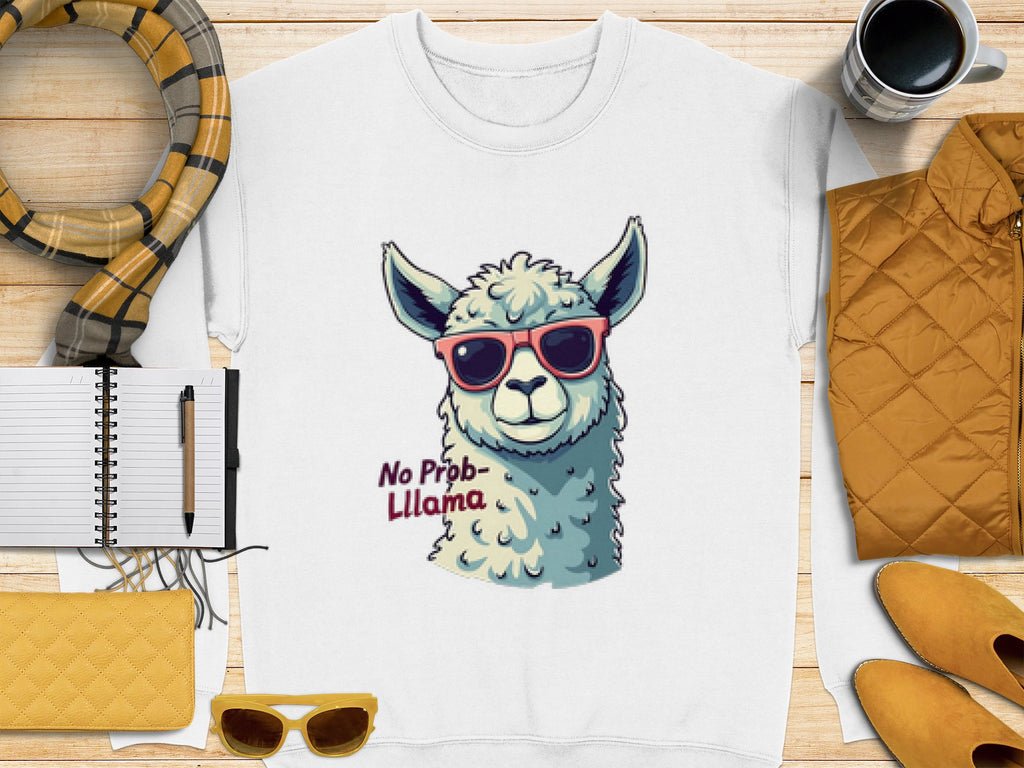 Garment Graphics offers a white t-shirt with a cartoon llama in red sunglasses and No Prob-Llama text. Nearby are plaid scarf, pen, notebook, coffee cup, quilted accessories, yellow sunglasses, coat, and potted plant. Pair it with our unisex funny No Prob-Llama sweatshirt.