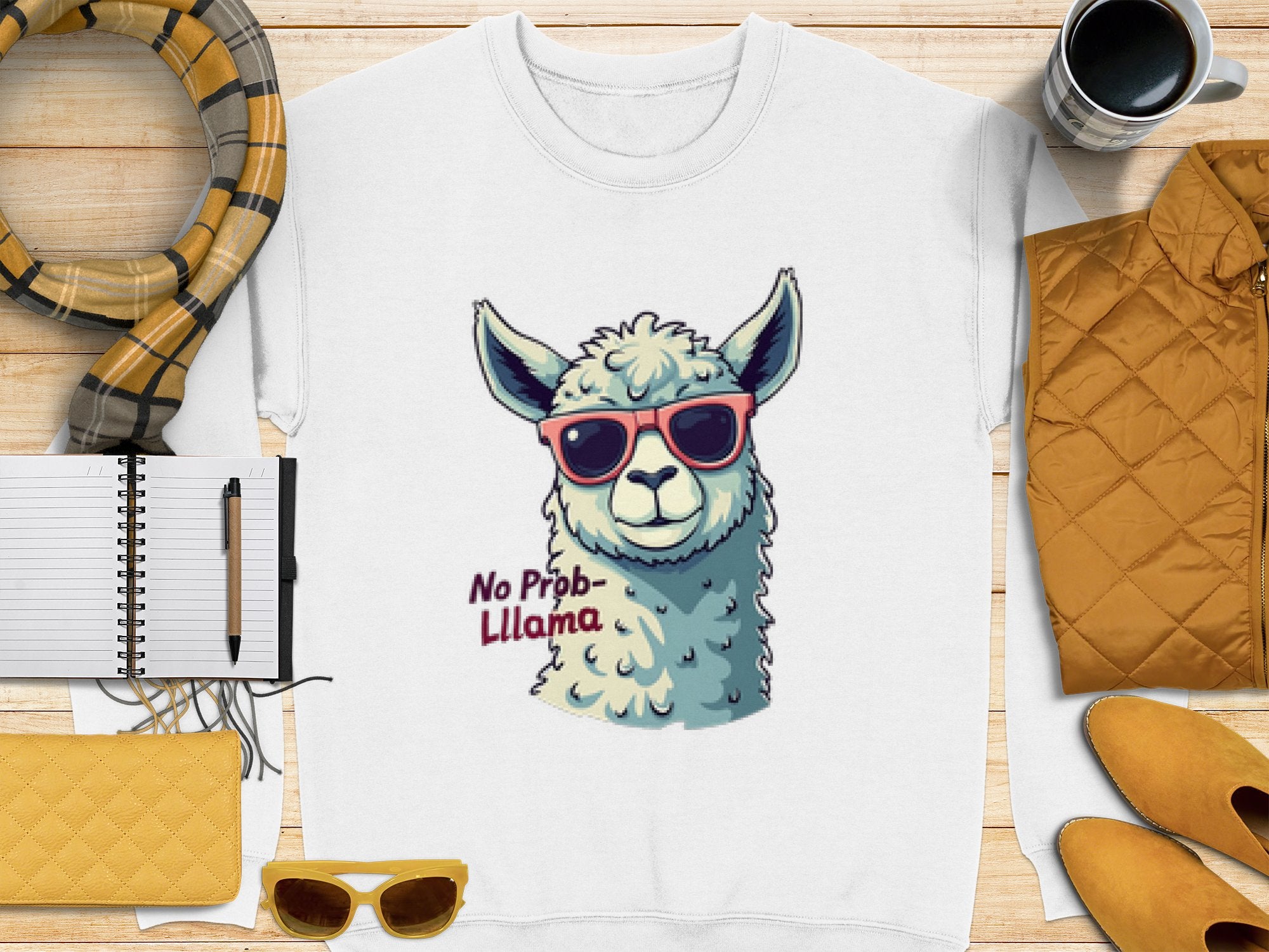 Garment Graphics offers a white t-shirt with a cartoon llama in red sunglasses and No Prob-Llama text. Nearby are plaid scarf, pen, notebook, coffee cup, quilted accessories, yellow sunglasses, coat, and potted plant. Pair it with our unisex funny No Prob-Llama sweatshirt.
