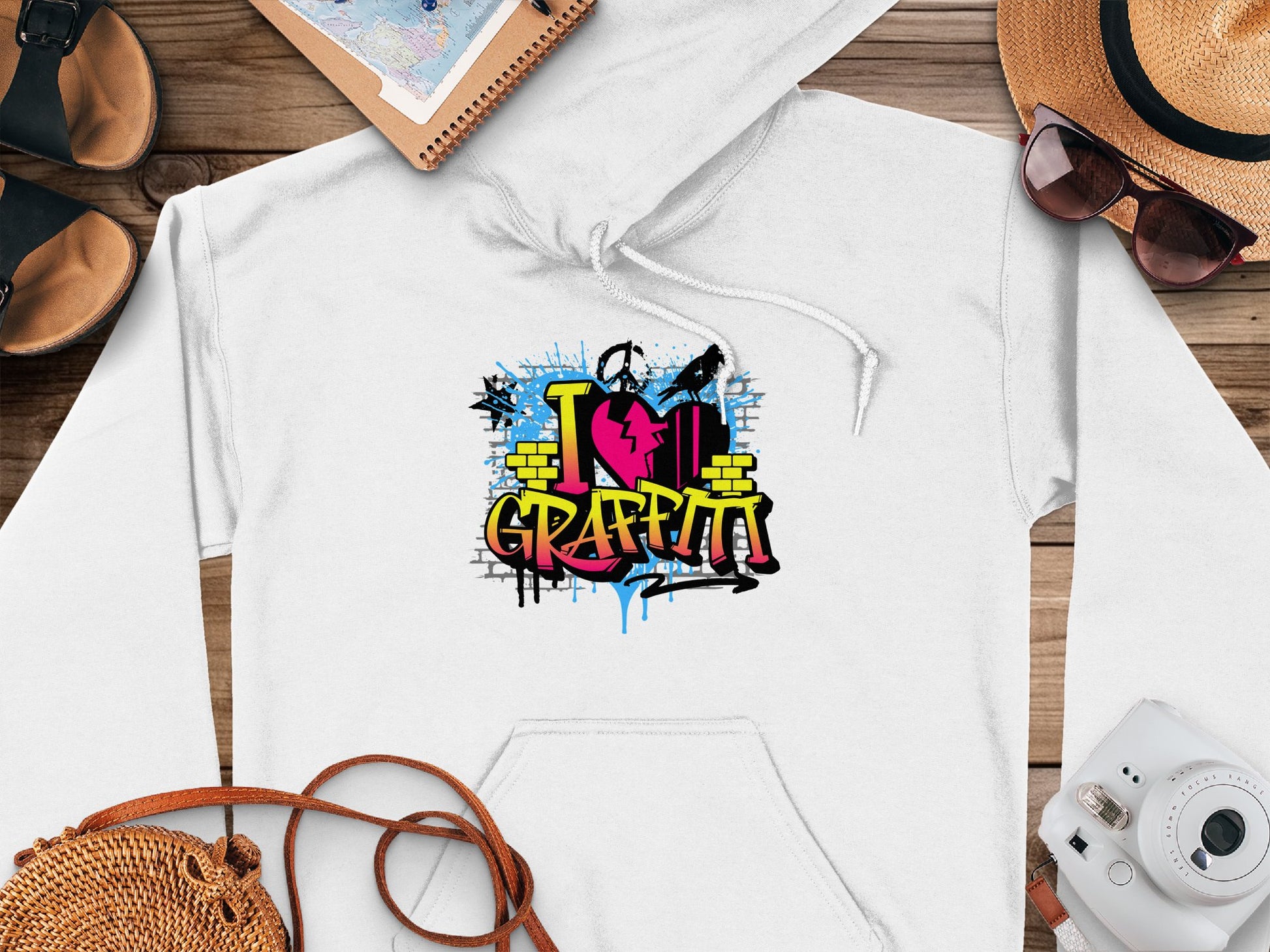 The Garment Graphics hoodie with I Love Graffiti in blue, yellow, and pink splashes lies on a wooden surface. Ideal for any casual wardrobe, its surrounded by a hat, sunglasses, shoes, a notebook, and a camera—capturing perfect urban street art vibes.