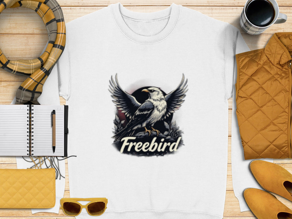 The Garment Graphics white sweatshirt showcases an eagle with spread wings on branches and Freebird below. It pairs with a checkered scarf, notebook, pen, yellow purse, sunglasses, coffee cup, and mustard coat. This unisex Freebird Graphic Sweatshirt is available for all.
