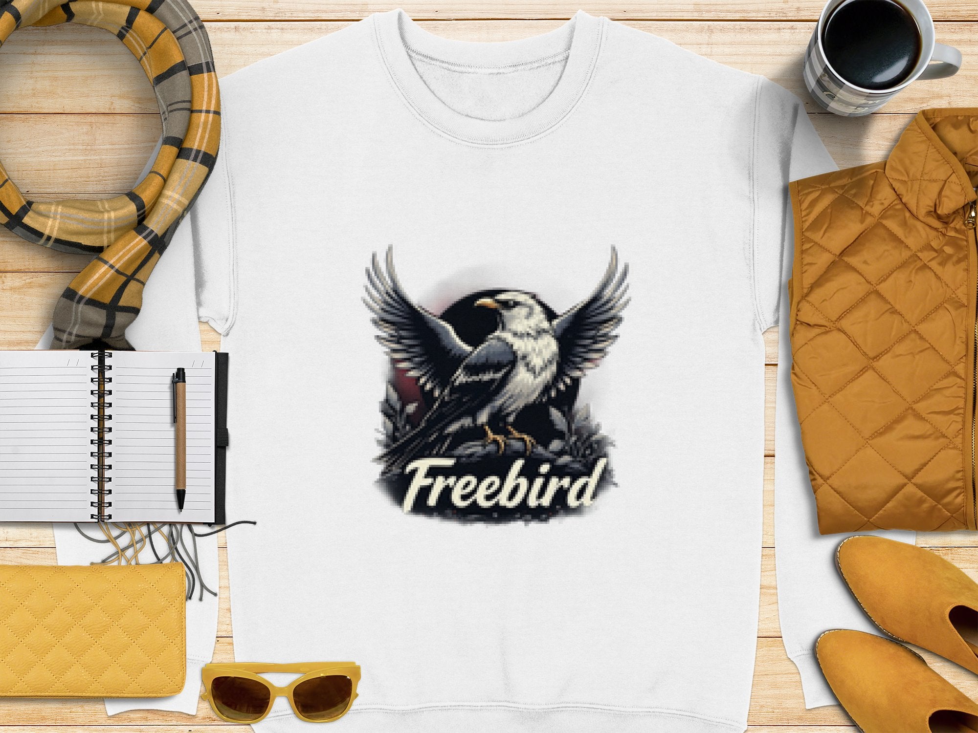 The Garment Graphics white sweatshirt showcases an eagle with spread wings on branches and Freebird below. It pairs with a checkered scarf, notebook, pen, yellow purse, sunglasses, coffee cup, and mustard coat. This unisex Freebird Graphic Sweatshirt is available for all.