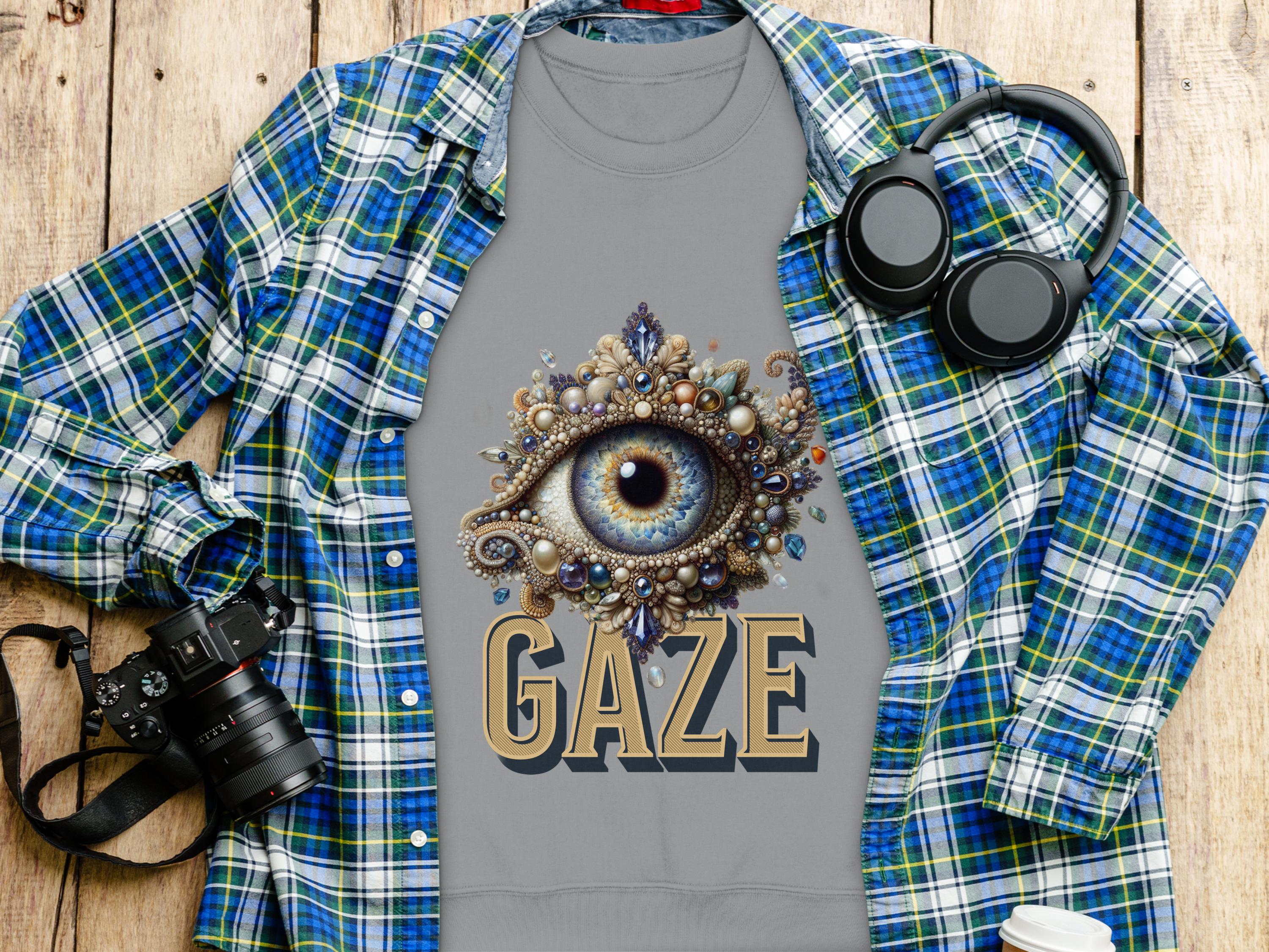 A Garment Graphics grey unisex t-shirt with an ornate eye and the word GAZE laid on wood, paired with a blue plaid shirt, headphones, camera, and coffee cup for a versatile style scene.