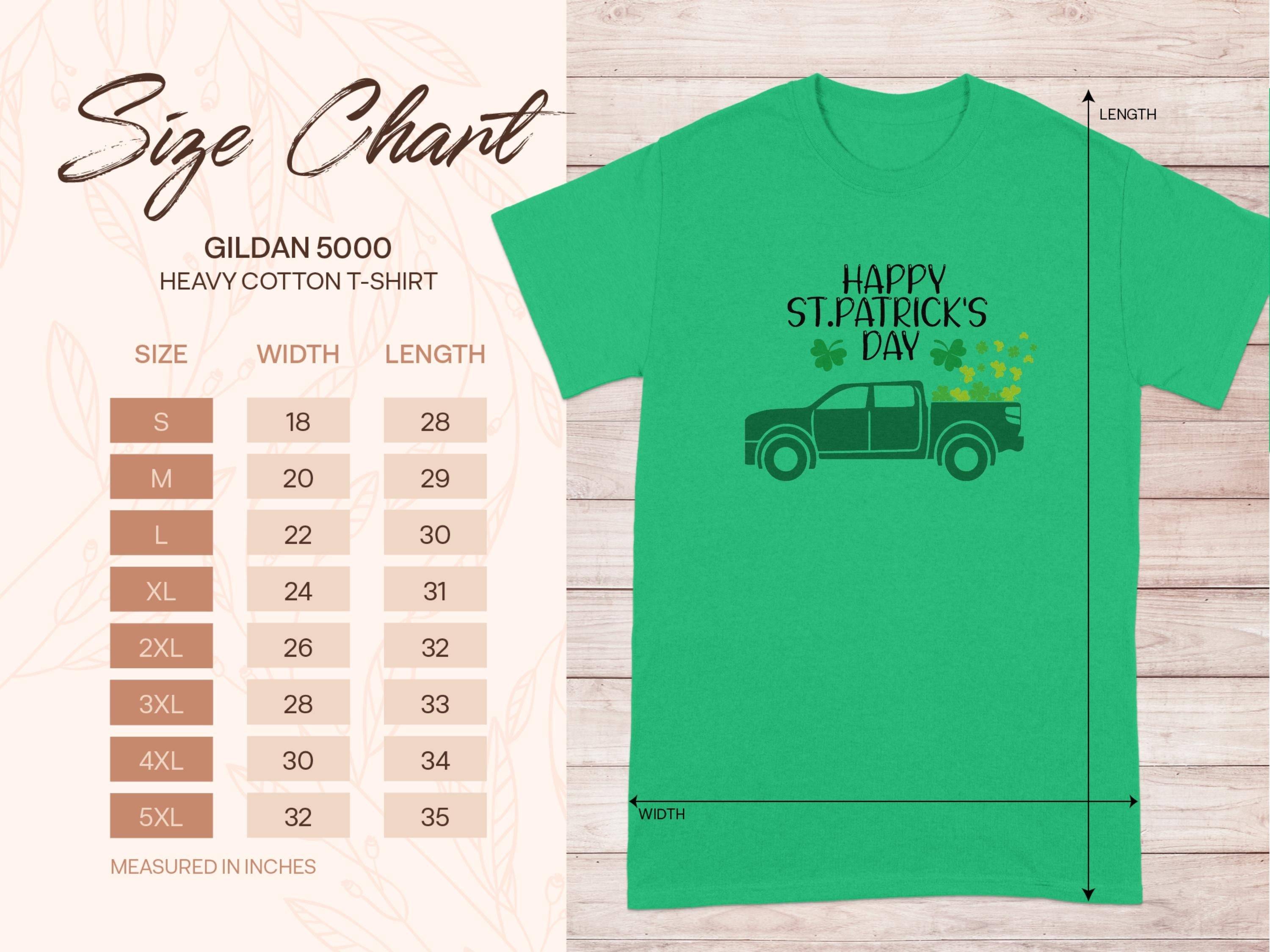 Garment Graphics offers a green Happy St. Patricks Day t-shirt featuring a green pickup truck graphic that celebrates Irish pride. Available in sizes S to 5XL, the Gildan 5000 heavy cotton tee has a detailed size chart on the left. The background is light wood.
