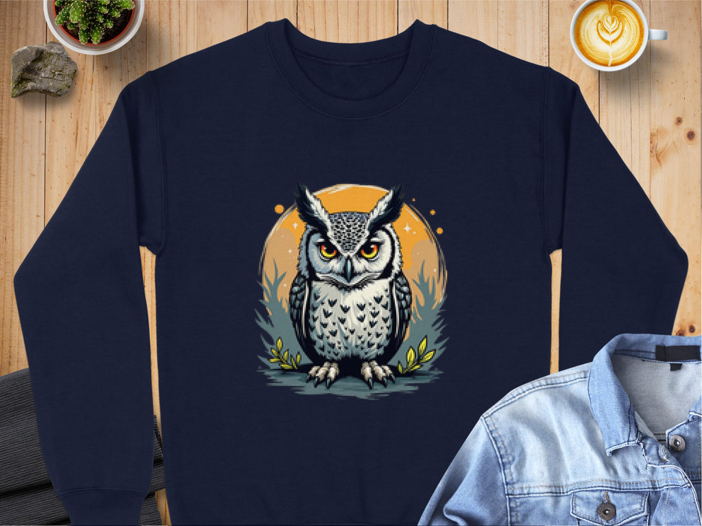 A navy blue sweatshirt by Garment Graphics features a captivating owl design with large eyes and intricate feathers on an orange backdrop, suitable for unisex sizing. Its displayed on a wooden surface next to a latte and part of a denim jacket.