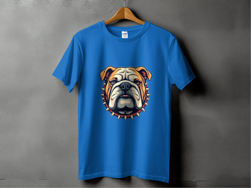 Garment Graphics blue T-shirt hangs on a wooden hanger against a gray background, showcasing a cool bulldog head graphic with a spiked collar.