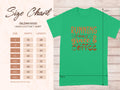 Green graphic t-shirt by Garment Graphics with Running on Grace & Coffee in orange and brown. Features a size chart titled Gildan 5000 Heavy Cotton T-Shirt with sizes S to 5XL. Ideal for fans of inspirational sayings.