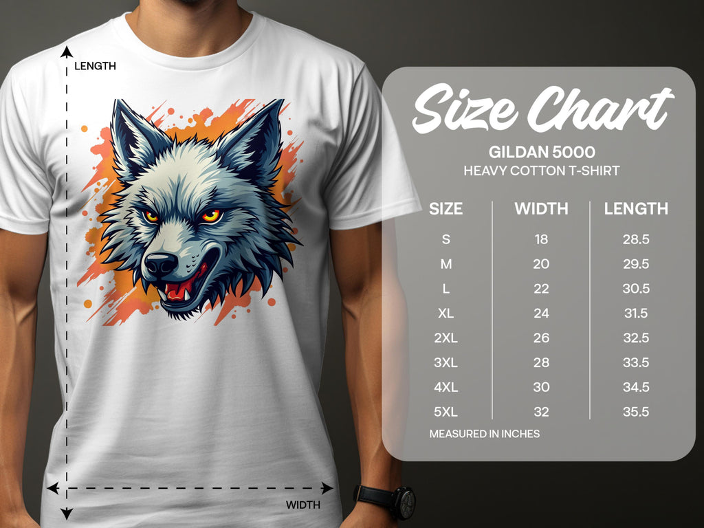 A person sports a stylish wolf graphic t-shirt symbolizing fearlessness. On the right, a size chart for Garment Graphics’ Gildan 5000 tees shows sizes S to 5XL with width and length in inches.
