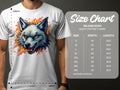 A person sports a stylish wolf graphic t-shirt symbolizing fearlessness. On the right, a size chart for Garment Graphics’ Gildan 5000 tees shows sizes S to 5XL with width and length in inches.