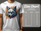 A person sports a stylish wolf graphic t-shirt symbolizing fearlessness. On the right, a size chart for Garment Graphics’ Gildan 5000 tees shows sizes S to 5XL with width and length in inches.