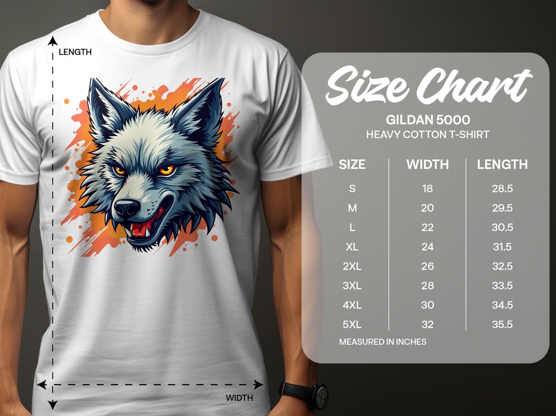 A person sports a stylish wolf graphic t-shirt symbolizing fearlessness. On the right, a size chart for Garment Graphics’ Gildan 5000 tees shows sizes S to 5XL with width and length in inches.
