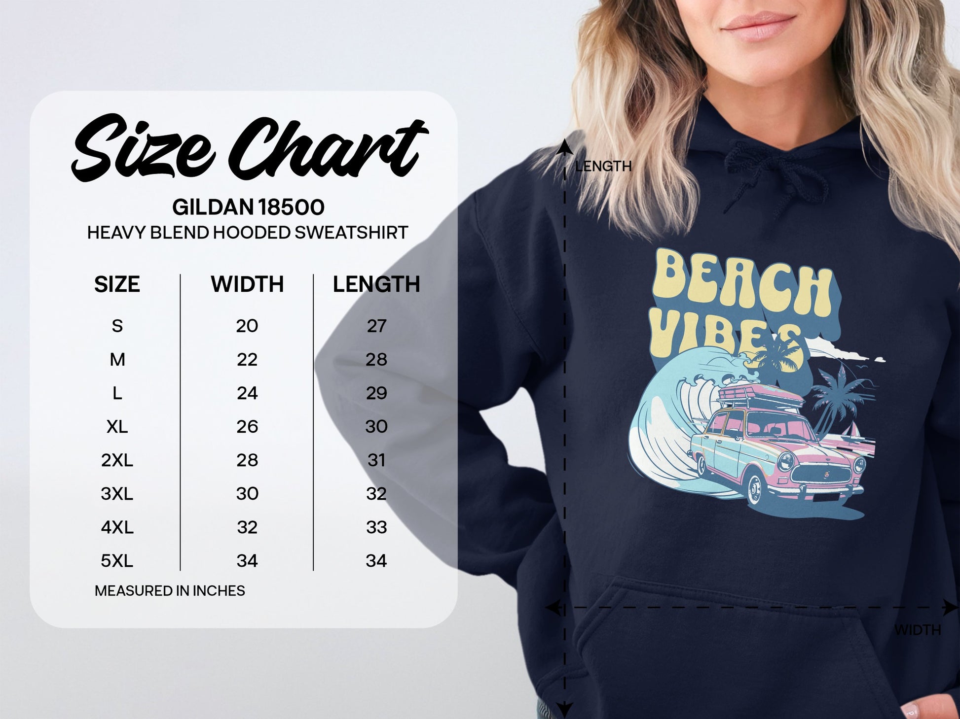 A woman wears a Garment Graphics navy blue hoodie with a retro beach style showcasing Beach Vibes, a wave, a pink car, palm trees, and a surfboard. Next to her is the Gildan 18500 size chart for hooded sweatshirts, detailing sizes from small to 5XL with width and length measurements.