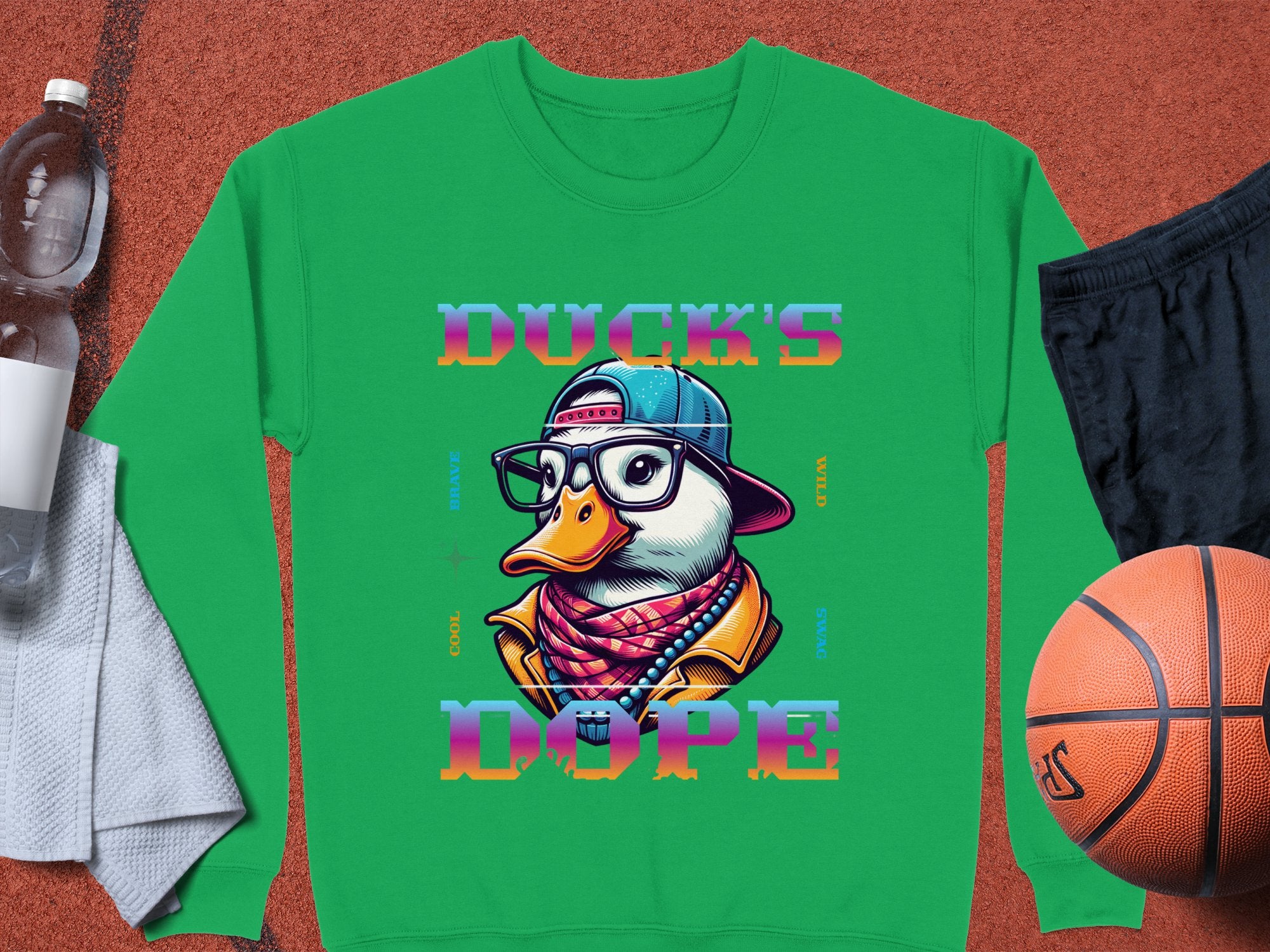 The Garment Graphics green sweatshirt from the Brave Cool Swag collection features a cartoon duck with glasses, a hat, and scarf, alongside DUCKS DOPE in vibrant text. Made of medium-heavy fabric with unisex sizing, it pairs well with a water bottle, towel, basketball, and black shorts.