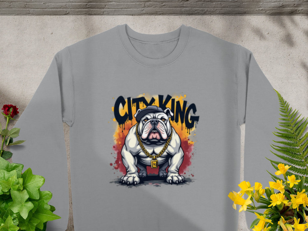 Garment Graphics presents a stylish gray Bulldog sweatshirt featuring a bulldog with a gold chain, bold CITY KING text, and an eye-catching orange paint splatter backdrop, complemented by green and yellow plants.