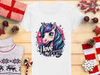 Garment Graphics offers a white T-shirt featuring a vibrant unicorn graphic with I Love My Pony, accompanied by stars and musical notes. Its styled with wrapped gifts, pinecones, ornaments, a Christmas sweater, and candy cane on wood—ideal for unicorn enthusiasts.