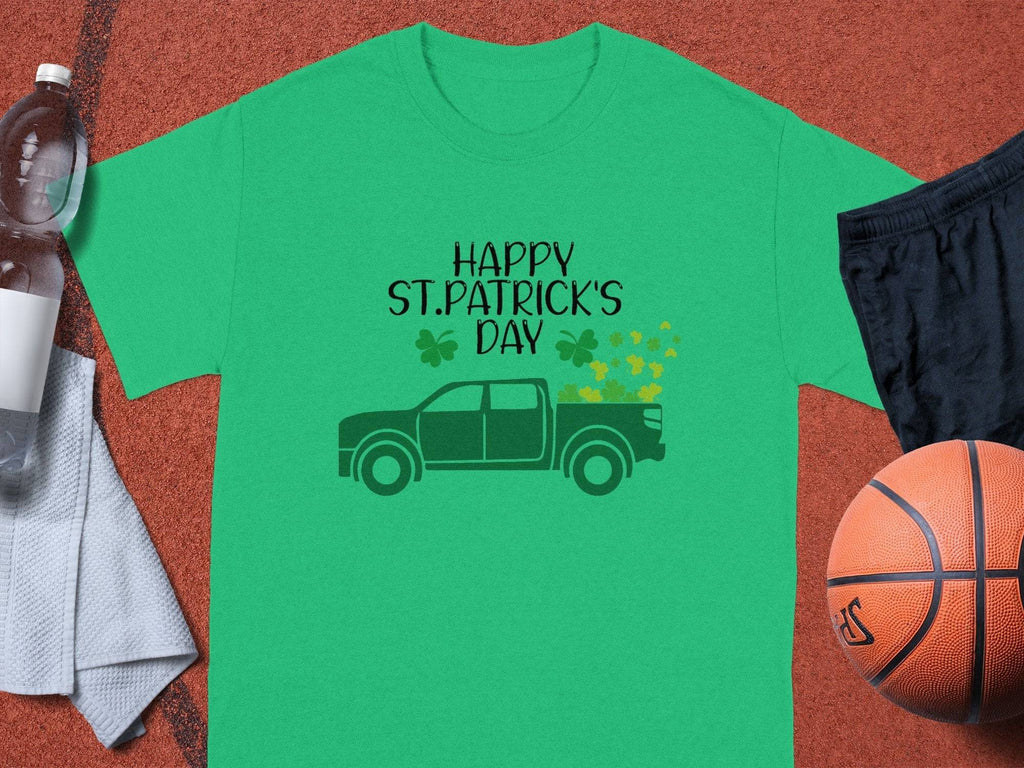 A Garment Graphics green T-shirt celebrates St. Patricks Day with Happy St. Patricks Day above an Irish pride pickup truck and shamrocks, paired with a water bottle, towel, black shorts, and orange basketball for a festive sporty look.