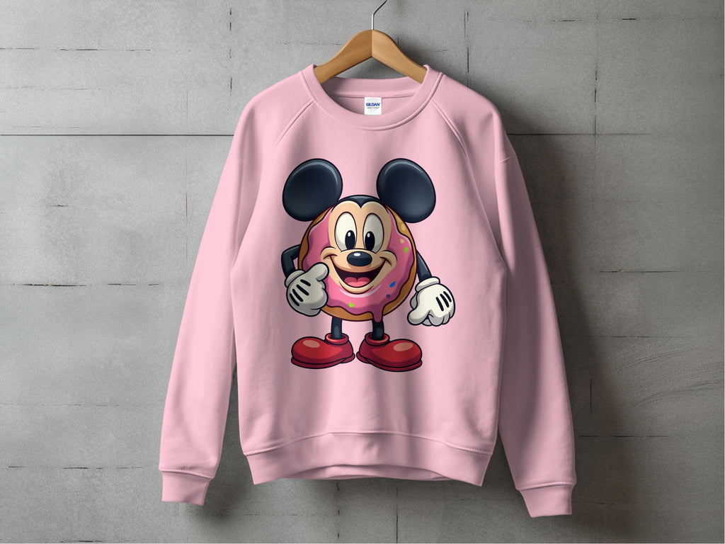 A quirky Garment Graphics sweatshirt hangs on a wooden hanger against a concrete wall, showcasing a playful design of a smiling cartoon donut with mouse ears and red shoes, perfectly sprinkled. .