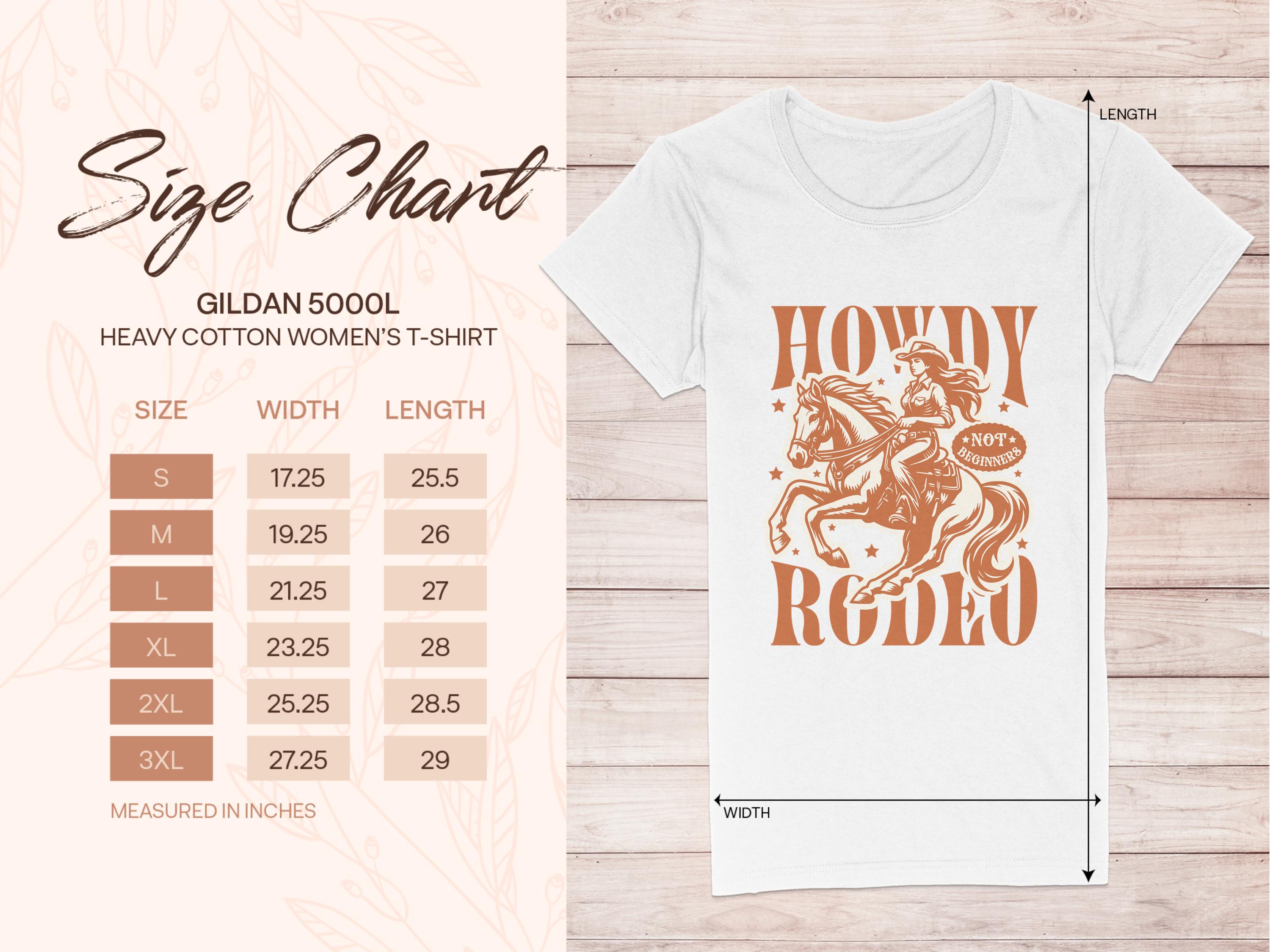 The Garment Graphics Howdy Rodeo T-shirt, featuring a woman on horseback, is available in sizes S to 3XL with a detailed size chart for womens width and length in inches, all presented on a clean white background.