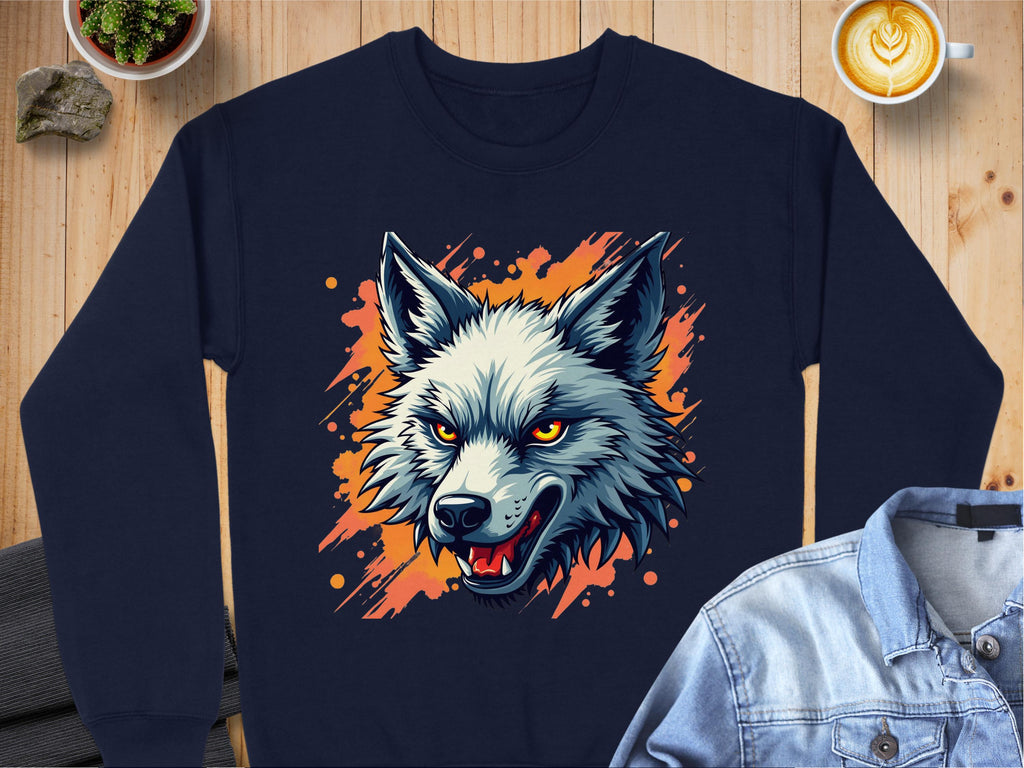 A Garment Graphics navy blue sweatshirt with a fierce wolf graphic and orange accents lies boldly on a wooden surface. Nearby are a cup of latte art, a denim jacket, a small plant, and some rocks.