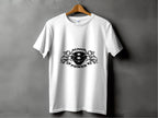 A white T-shirt from Garment Graphics hangs on a wooden hanger against a gray wall, featuring a central black graphic with the bold text SCANIA POWER and a stylized 8, flanked by ornate griffins, embodying the essence of Scania Power Eagle.