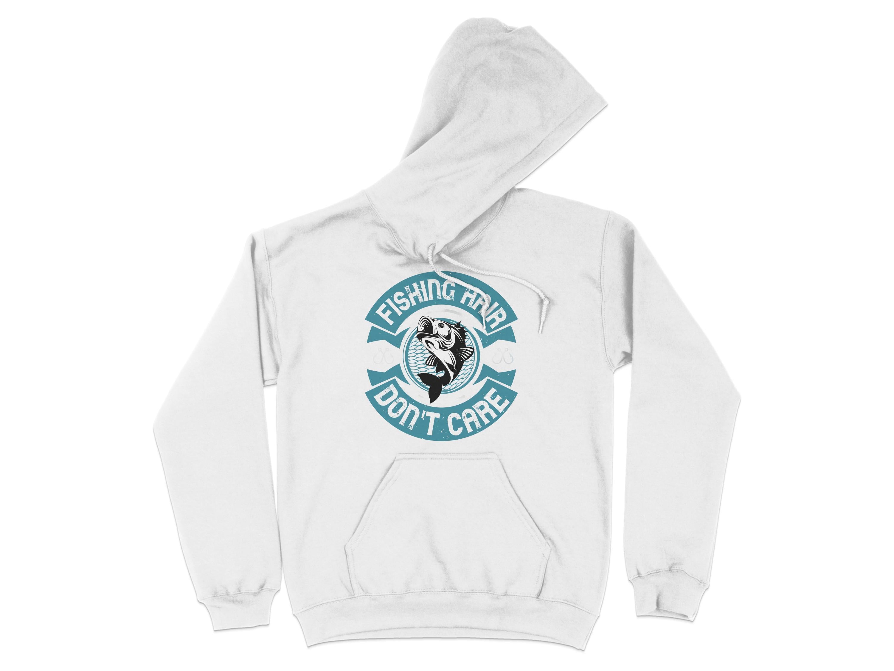 Garment Graphics offers a white hoodie featuring a fish graphic and blue text Fishing Hair Dont Care, encircled by a matching ribbon. The hood flips right, perfect for anglers who value style and comfort.