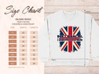 A Garment Graphics size chart accompanies a cozy white sweatshirt with a bold Union Jack and the phrase Dont blame me, I didnt vote for him. Measurements from S to 5XL are included.