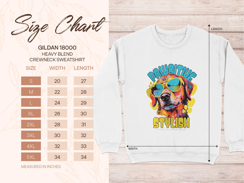 Discover the Garment Graphics Gildan 18000 sweatshirt, ideal for dog lovers. Showcasing a canine in sunglasses graphic, available in sizes S to 5XL with dimensions in inches. The wooden texture and leaf patterns enhance these charming dog-themed sweatshirts.