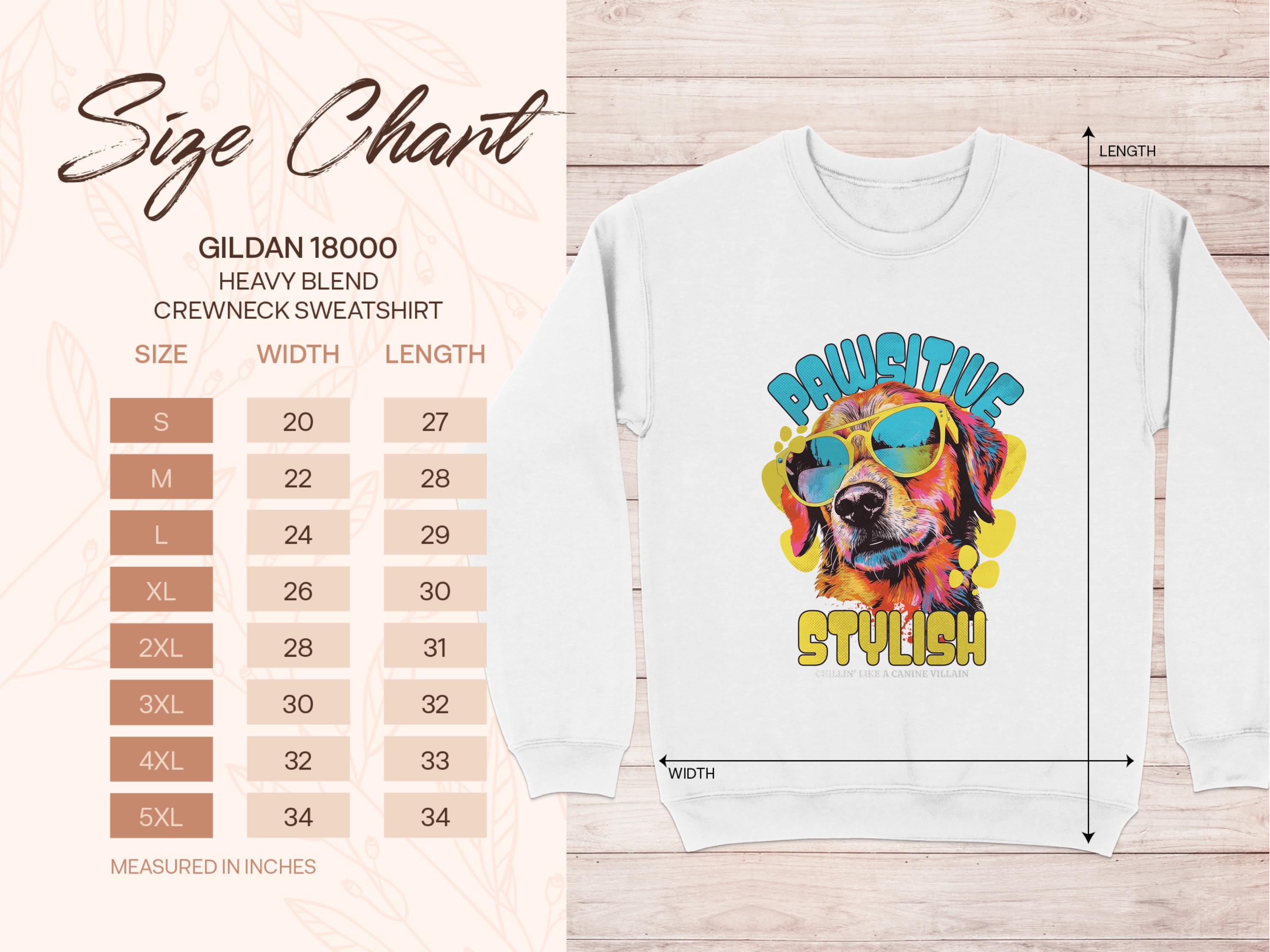 Discover the Garment Graphics Gildan 18000 sweatshirt, ideal for dog lovers. Showcasing a canine in sunglasses graphic, available in sizes S to 5XL with dimensions in inches. The wooden texture and leaf patterns enhance these charming dog-themed sweatshirts.